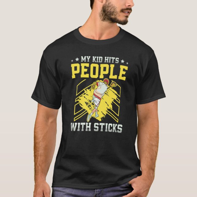 Mitt Kid träffar folk med sticks Lacrosse Player L T Shirt (Framsida)