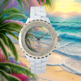 Mitt Lycklig Ställe Beach Rhinestone på vitt Armbandsur