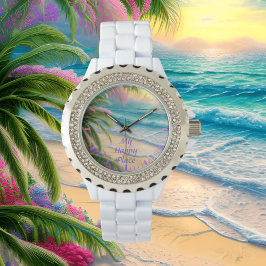 Mitt Lycklig Ställe Beach Rhinestone på vitt Armbandsur