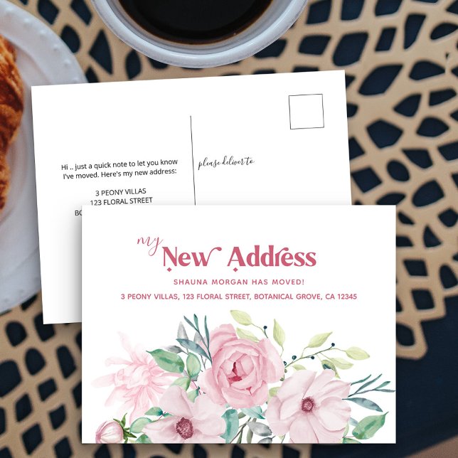 Mitt Nya Adress Peony Blommig Flyttningsannons Meddelande Vykort (New Address postcard with pretty pink peony rose flowers)