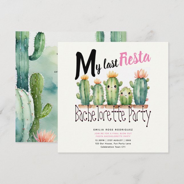 Mitt sista Fiesta Bachelorette Party Cacti Theme Inbjudningar (Fram/baksida)