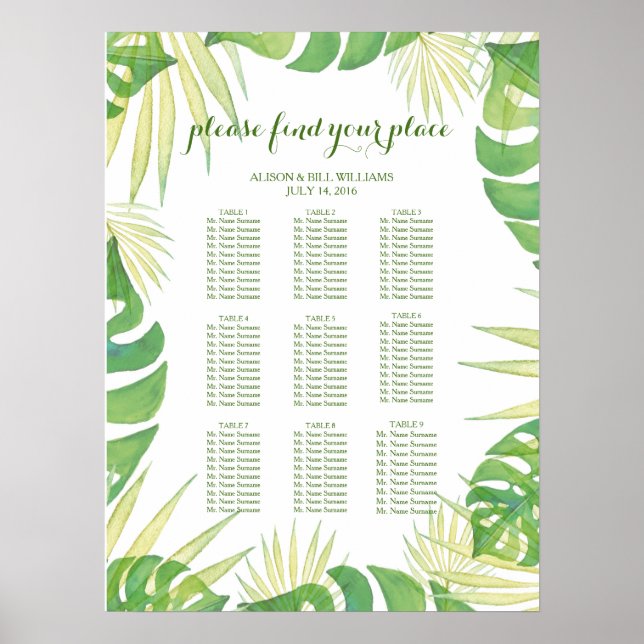 Mittdiagram för Tropical lövs bröllop middag Poster (Framsidan)