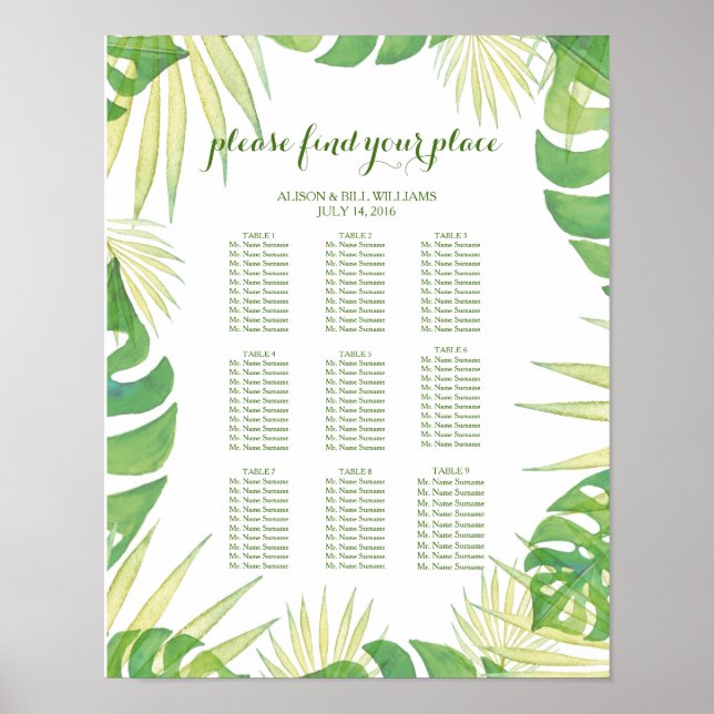 Mittdiagram för Tropical lövs bröllop middag Poster (Framsidan)