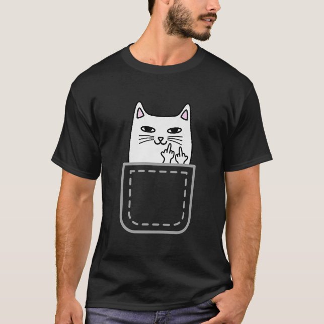 Mitten Finger Cat Pocket Funny Tecknad Cat White P T Shirt (Framsida)