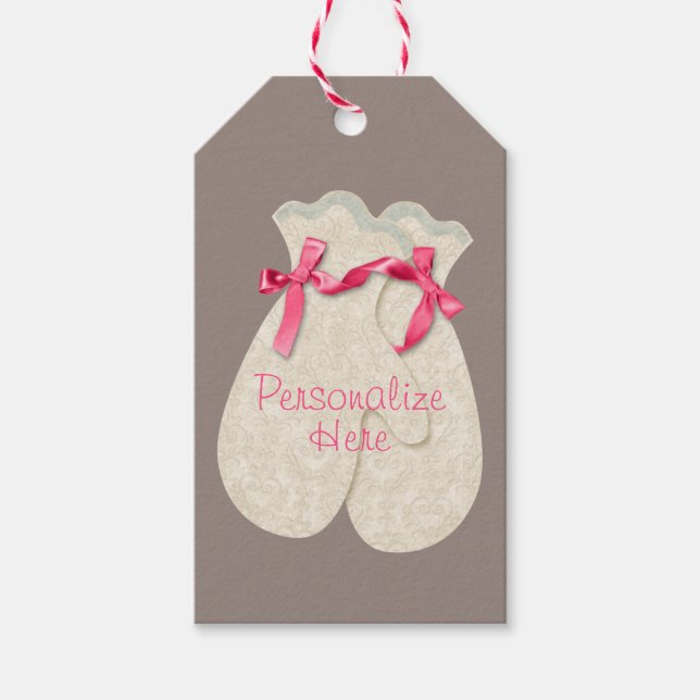 Mitten snöre elegant Vinterband rosa kräm söt Presentetikett (Framsidan)