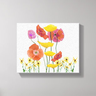 Mittliga poppies bland en säng av Gult Daisy Canvastryck