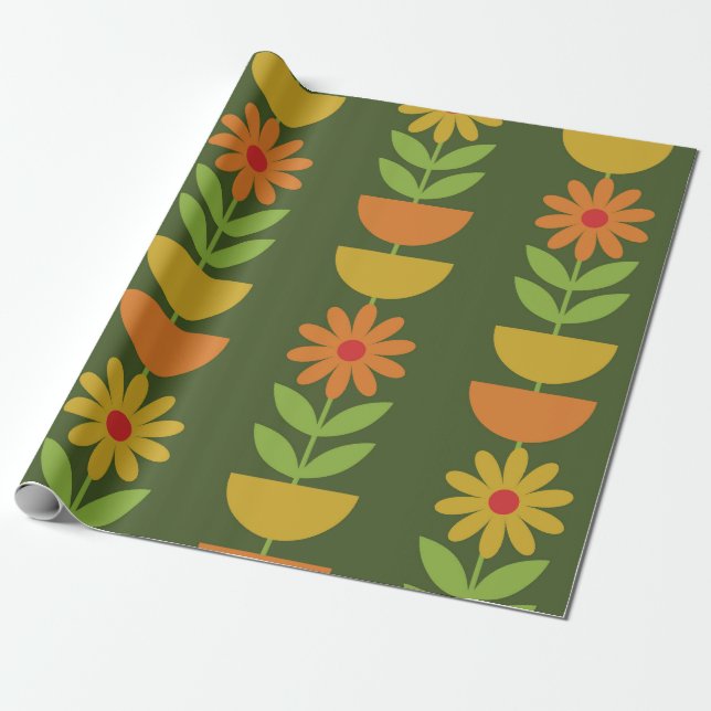 Mittmoderna blommor med geometriska halvcirklar  presentpapper (Utrullad)