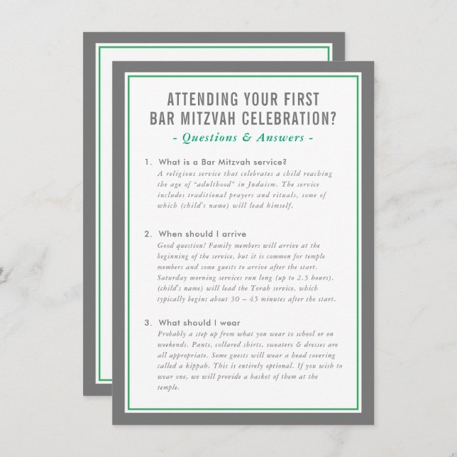 MITZVAH service information questions advice green Inbjudningar (Fram/baksida)
