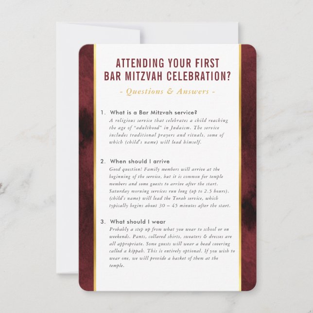 MITZVAH-tjänstinfo frågor råd maroon Inbjudningar (Framsida)