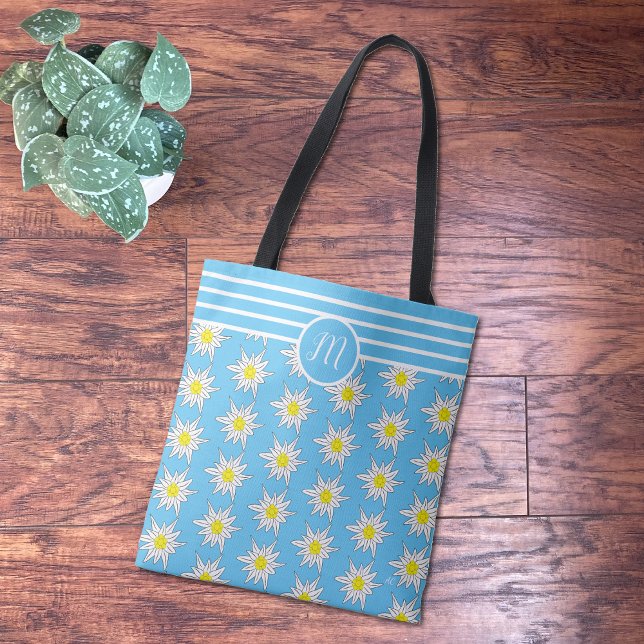 Mix Mönster Blommigt N Rand Cyan Monogram Tote Tygkasse (Skapare uppladdad)