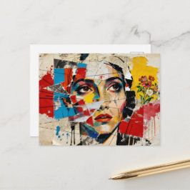 Mixed media Face and flowers Collage Vykort