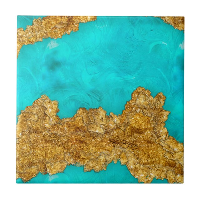 Mixed Media Gold and Turquoise Kakelplatta (Framsidan)
