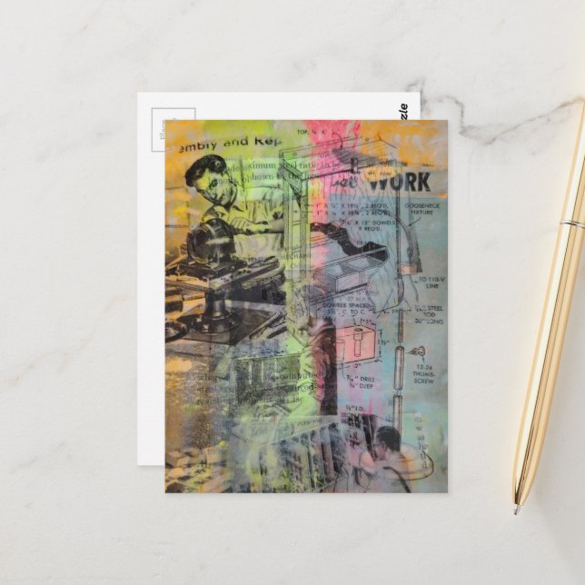 Mixed Media Retro Hobbies Woodworking Men Vykort (Fram/Back In Situ)