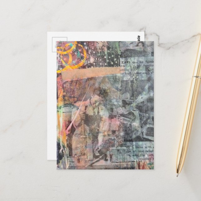 Mixed Media Retro Woodworking Collage Vykort (Fram/Back In Situ)