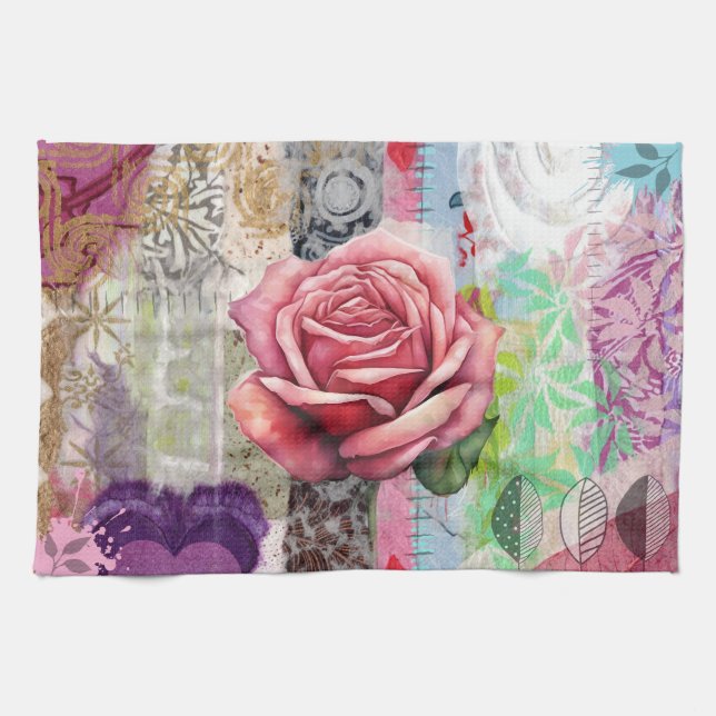 Mixed Media Rose Floral Collage Kitchen Towel Kökshandduk (Horisontell)