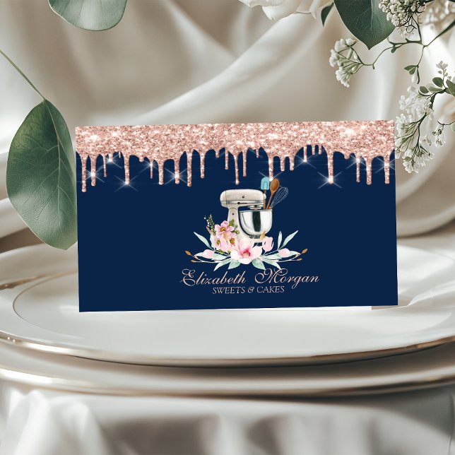 Mixer Blommor Glitterdropar Bageri Marinblå Visitkort (Skapare uppladdad)
