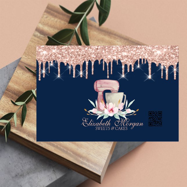 Mixer Blommor Rose Gold Droppar QR Kod Marinblå Visitkort (Skapare uppladdad)