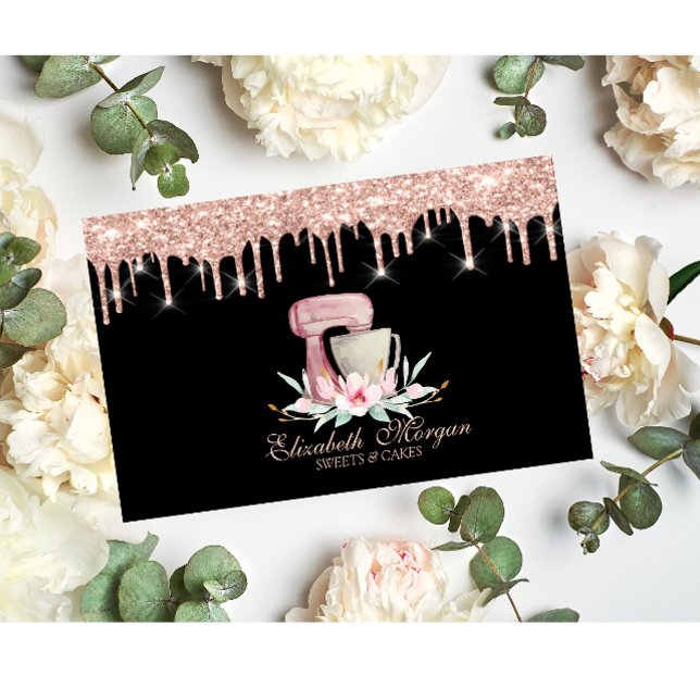 Mixer Blommor Rose Guld Dropar Bageri Svart Visitkort (Skapare uppladdad)