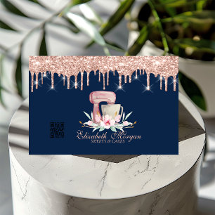 Mixer Floral Rose Gold Drips QR-kod Navy Blue Visitkort
