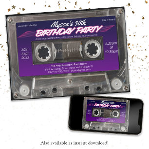 Mixtape Cassette Retro 80s Neon Lila Party Inbjudningar