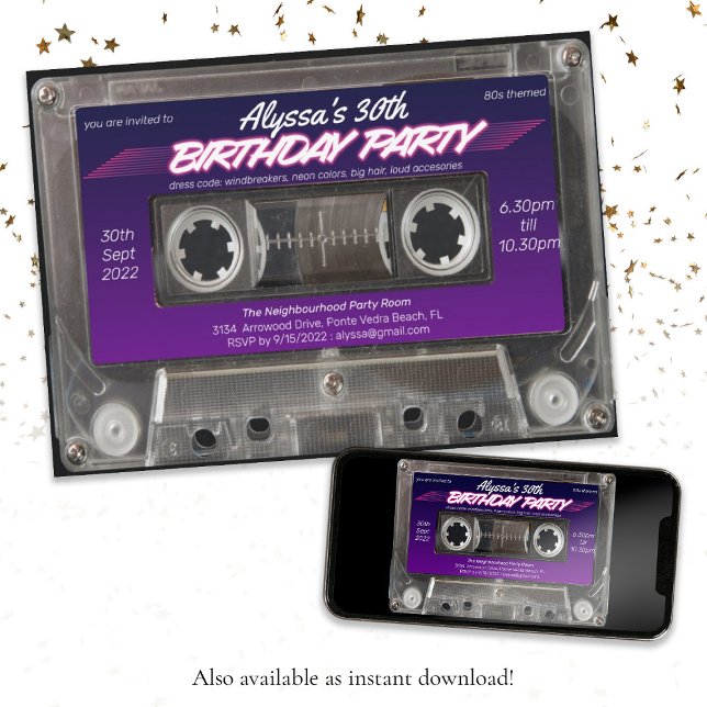 Mixtape Cassette Retro 80s Neon Lila Party Inbjudningar (Mixtape Cassette Retro 80s Neon Purple Party Invitation)