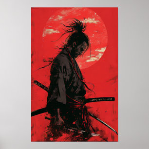 Miyamoto Musashi Vagabond Manga Stil Red Backgrou Poster