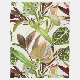 Mjältblommor, tulpaner och tropiska löv. fleecefilt