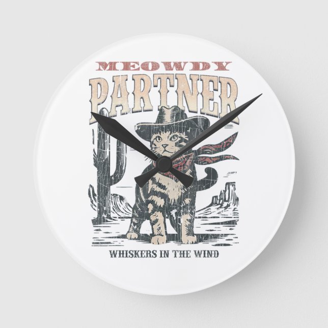 Mjau Partner Cowboy Katt  Rund Klocka (Framsida)