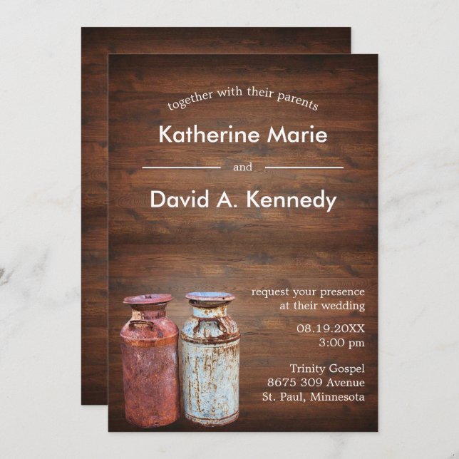 Mjölk Cans Landsbyggsbröllop Rustic Old Farm Budge Inbjudningar (Fram/baksida)