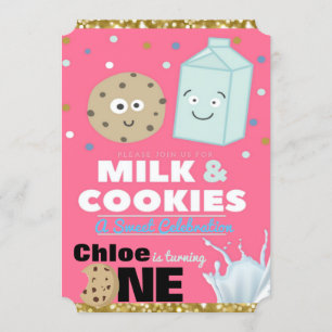 Mjölk & Cookies Rosa & Guld Glitter Första födels Inbjudningar