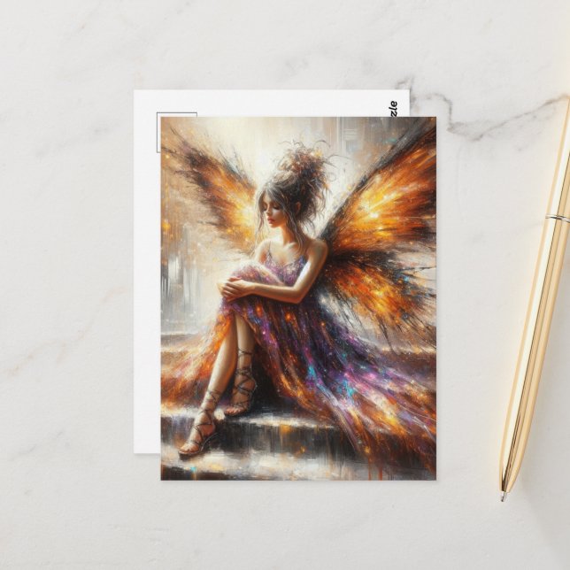 Mjölk i en lila klänning sitta på trappor vykort (Fram/Back In Situ)