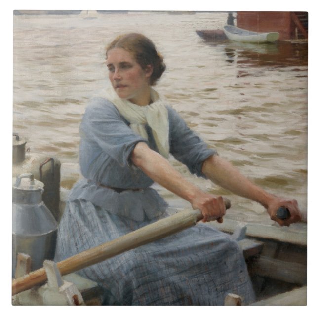 Mjölk Maid på en roddbåt (av Albert Edelfilt) Kakelplatta (Framsidan)