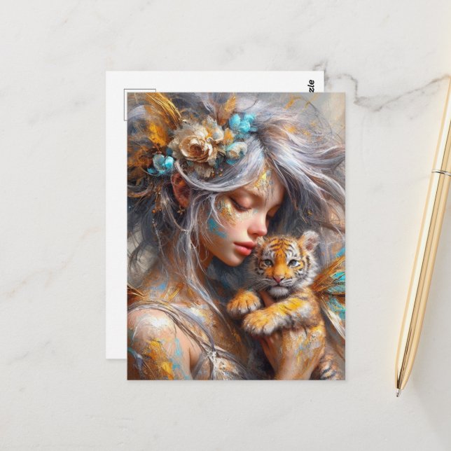 Mjölk och Baby Tiger Fairy Vykort (Fram/Back In Situ)