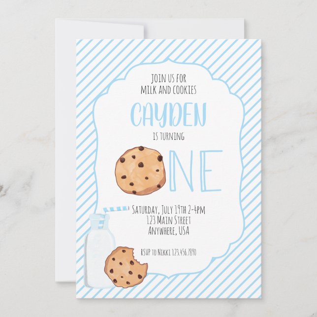 Mjölk och Cookies blå pojke första födelsedag Inbjudningar (Framsida)