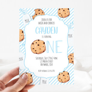 Mjölk och Cookies blå pojke första födelsedag Inbjudningar