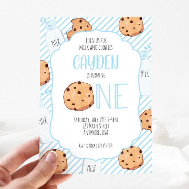 Mjölk och Cookies blå pojke första födelsedag Inbjudningar (Skapare uppladdad)