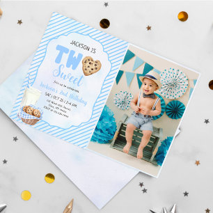 Mjölk och Cookies Blue Two Sweet 2nd Birthday Phot Inbjudningar