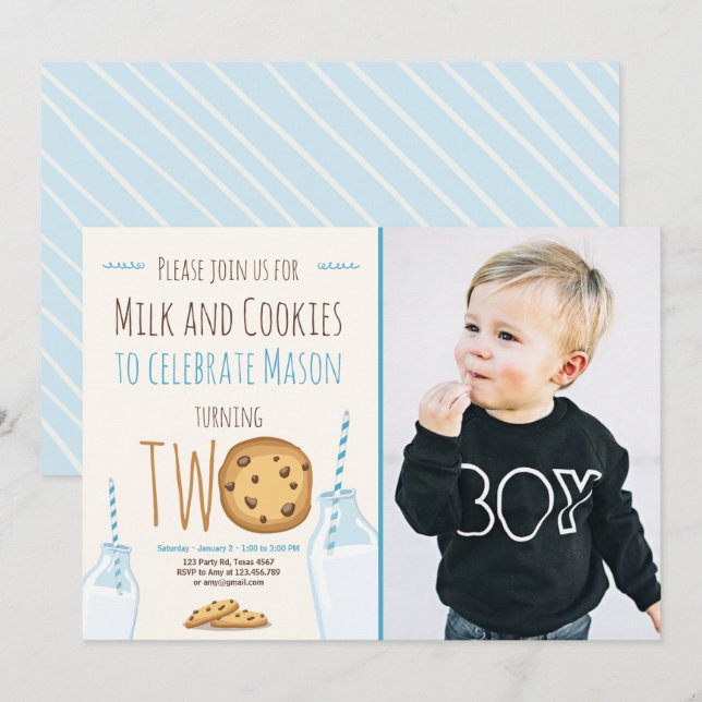 Mjölk och Cookies Boy Blue Andra födelsedagen Inbjudningar (Fram/baksida)