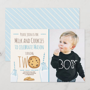 Mjölk och Cookies Boy Blue Andra födelsedagen Inbjudningar