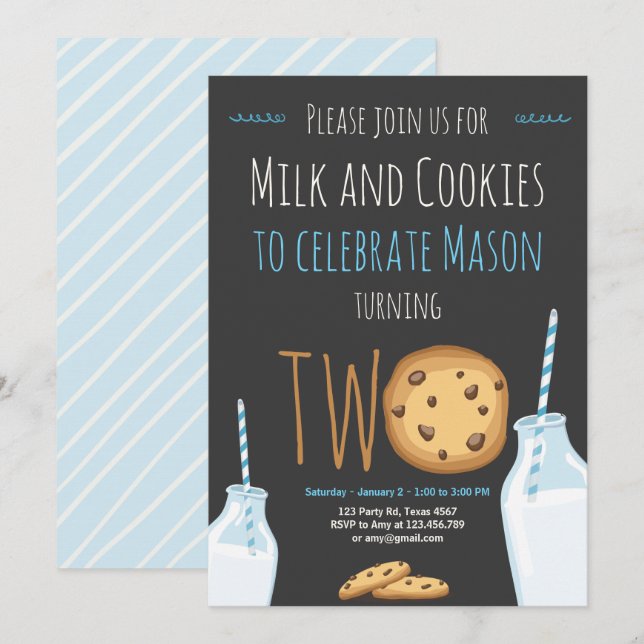 Mjölk och Cookies Boy Blue Andra födelsedagen Inbjudningar (Fram/baksida)