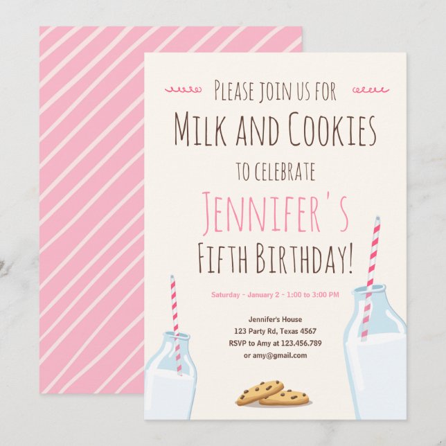 Mjölk och Cookies Rosa Girl Födelsedagsfest Inbjudningar (Fram/baksida)