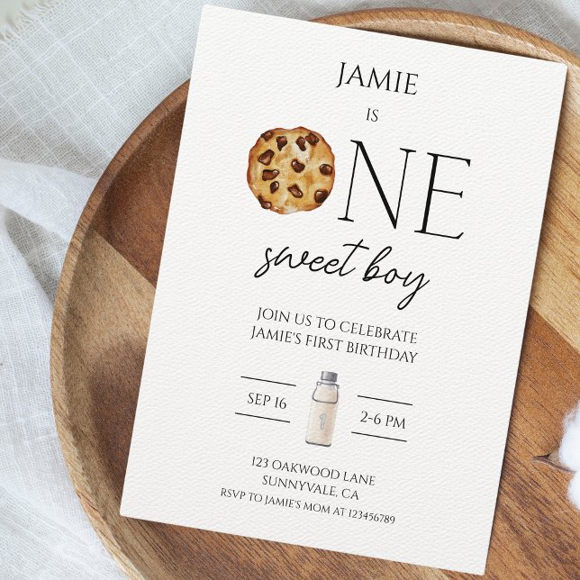 Mjölk och Cookies Sweet One Boy Birthday-inbjudan Inbjudningar (Sweet One Boys First Birthday Party Invitation)