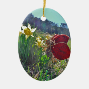 Mjölk och gula blommor julgransprydnad keramik