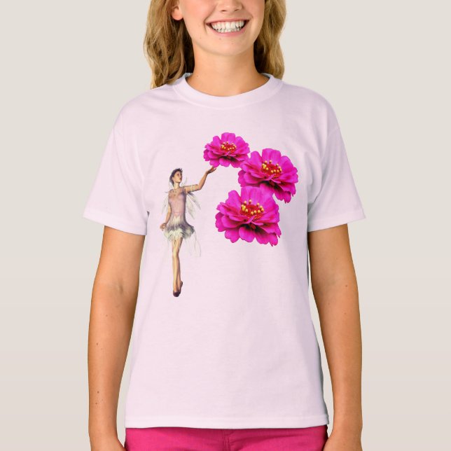 Mjölk- och Rosa Zinnia-blommor T Shirt (Framsida)