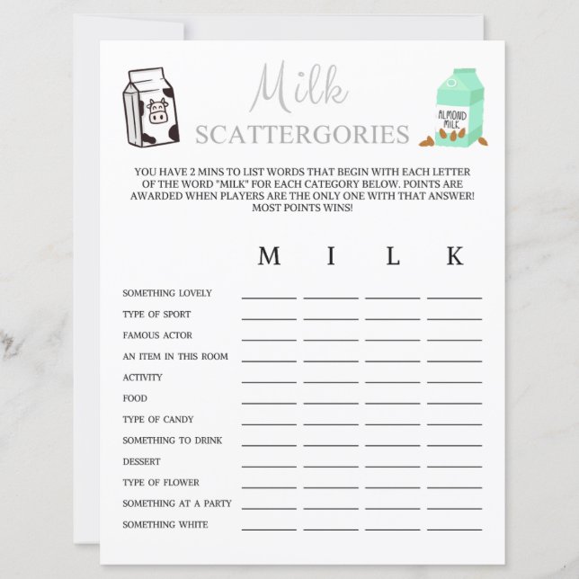 Mjölk Scattergories-spel (Framsida)