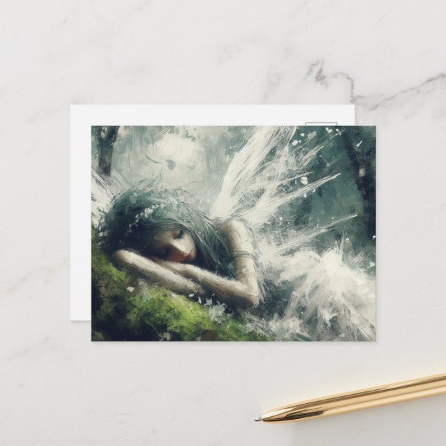 Mjölk sover på ett mossbart plåster i skogen vykort (Fram/Back In Situ)