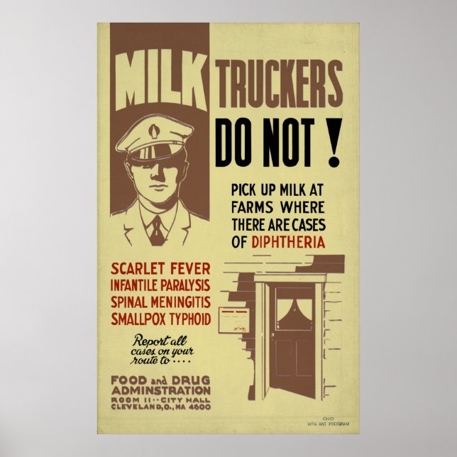 Mjölk Trucker FDA Varning 1940 WPA Vintage Health Poster (Framsidan)