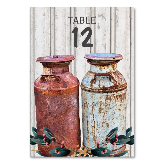 Mjölkburkar Vintage Metall Rustik Antik Monogram Bordsnummer (Framsidan)