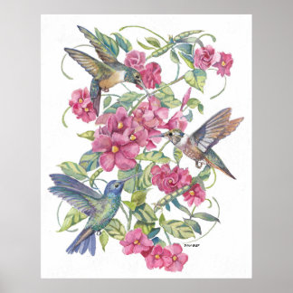 MJÖLKFÅGLAR MED ROSA BLOMMOR POSTER
