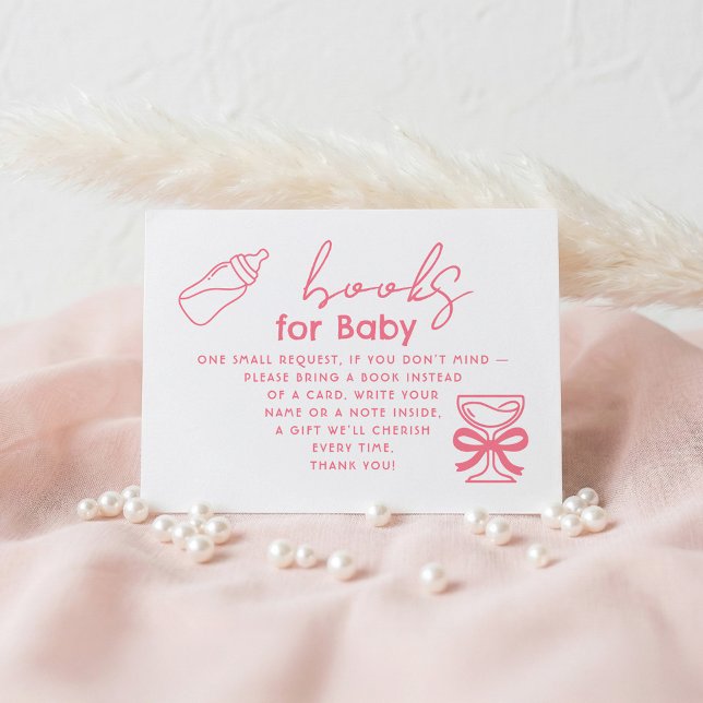 Mjölkflaska och Champagne Böcker För Bebis Förfråg Tilläggskort (Books for Baby - Pink Baby's Milk Bottle and Bow Champagne Glass Whimsical Fun Enclosure Card)